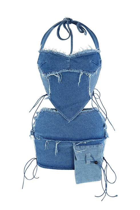 Takeover Denim Halter Top & Low Rise Skirt SET matching sets EDGE Small Dark Wash